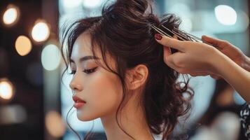 Elegant woman's updo hairstyle being styled. photo