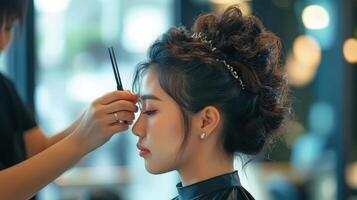 Close-up view of a skilled hair stylist working on a client's updo. photo