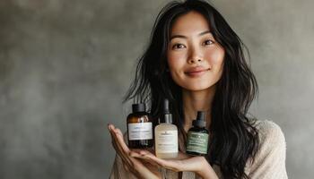 Woman holding skincare products, presenting diverse bottles. photo