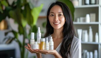 Smiling woman displays various skincare products. photo