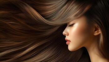 A portrait of a person with luxurious, flowing brown hair. photo
