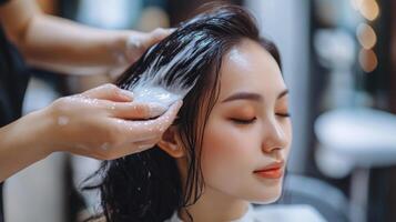 Close-up view of hair treatment in a salon. photo
