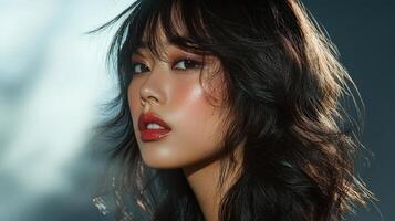 Close-up portrait of a young woman with stylish dark hair. photo