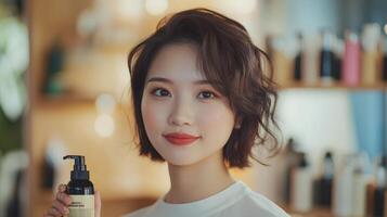 Smiling young woman holding hair product in salon. photo