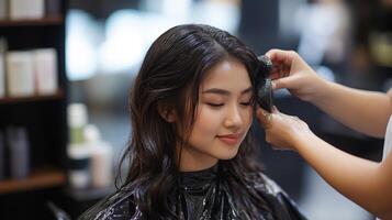 A woman getting her hair cut at a salon photo