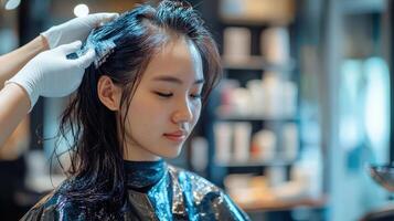 Close-up view of a woman's hair being colored in a salon. photo