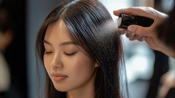 Woman's hair being sprayed with styling product. photo