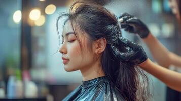 A focused view of a woman receiving a hair coloring treatment. photo