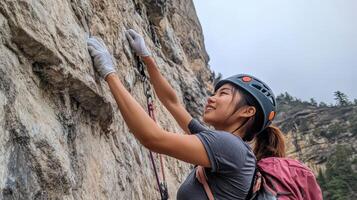 Outdoor rock climber ascending a steep cliff face. photo