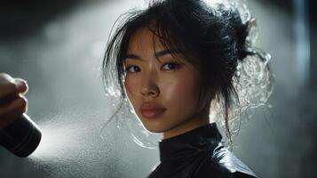 Close-up portrait of a person receiving hairspray. photo