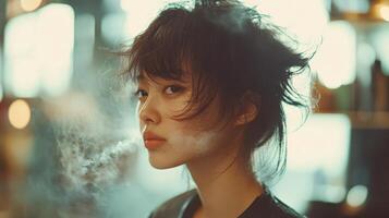 A young woman's thoughtful profile view, filled with soft light and hazy smoke. photo