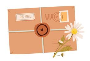 Romantic flat illustration of a decorative envelope with flowers and ribbon. Floral envelope with bouquet elements in soft pastel style. vector
