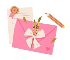 Romantic flat illustration of a decorative envelope with flower and ribbon. Floral envelope with bouquet elements in soft pastel style. Greeting cards, invitations, or romantic mail concepts. vector