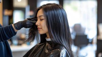 A woman getting her hair cut by a stylist photo