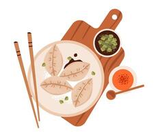 Traditional Chinese dumplings and with soy sauce in a cozy layout. Flat illustration of dim sum. vector