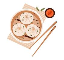 Tasty dim sum and dumplings. Flat illustration of dim sum in a bamboo basket. Traditional Chinese dumplings and cuisine elements in a cozy layout. vector