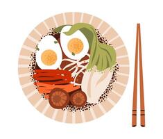 Ramen bowl with chopsticks and steam in flat style. Traditional Japanese soup with noodles, egg, and broth. vector