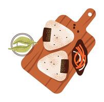 Onigiri in flat style. A simple Japanese rice snack wrapped in seaweed. Japanese onigiri with rice and nori. vector