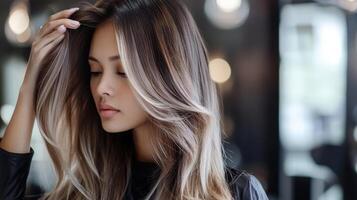 A woman with beautifully styled, highlighted hair. photo