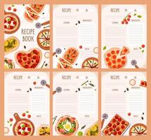 Pizza recipe sheets featuring margherita, pepperoni, and cheesy toppings. Includes ingredients, meal planning, and culinary elements. Modern pizza cookbook design in flat style. vector
