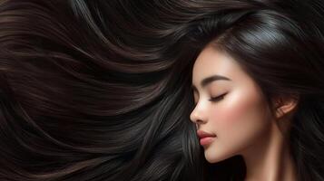 A woman's luxurious black hair in a smooth arrangement. photo
