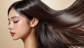 Smooth, dark hair cascading down a beautiful woman's face. photo