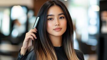 A young woman with long hair holding a styling tool. photo