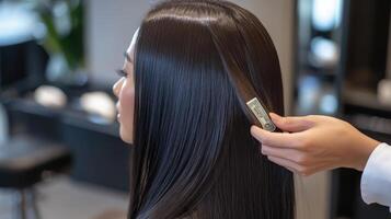 Close-up view of a woman's smooth, dark hair being treated in a salon. photo
