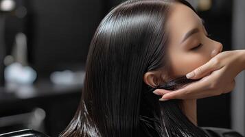 Close-up view of healthy, glossy hair receiving pampering. photo