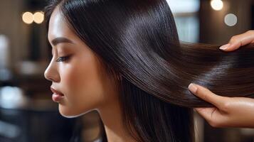 Close-up view of healthy, lustrous black hair being styled. photo