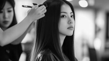 Black and white image of a woman getting her hair styled. photo