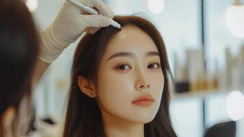 Woman receiving a cosmetic procedure on her forehead. photo