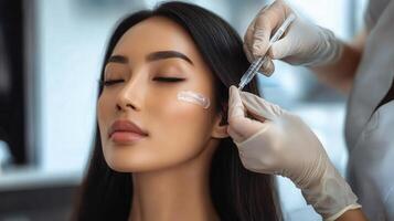 Close-up view of facial cosmetic treatment application. photo