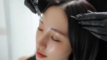 Closeup view of eyebrow tattooing procedure. photo