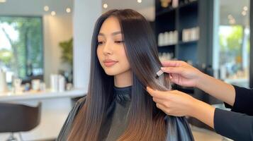 A woman's long, sleek hair being styled in a salon. photo