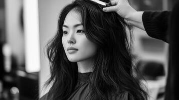 Black and white image of a person receiving a hair styling service. photo