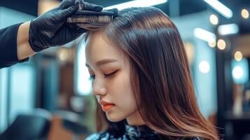 Close-up view of a hair stylist working on a client's hair. photo