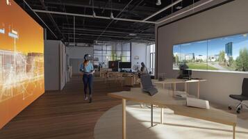 Modern workspace featuring virtual reality experience. photo