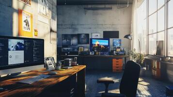 Industrial style workspace with natural light and modern design. photo