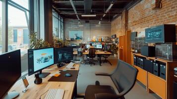 Modern workspace interior with multiple computer stations. photo