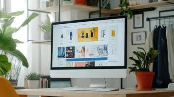Modern home office workspace with computer displaying online products. photo