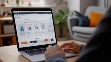 Close-up view of a laptop displaying an online clothing store. photo