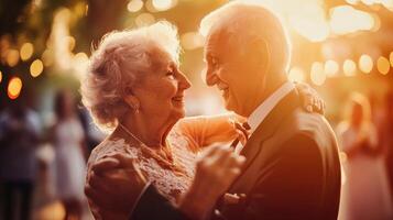 Elderly couple dancing happily in golden sunlight. photo