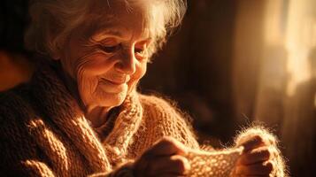 Elderly woman engrossed in a craft, bathed in warm sunlight. photo