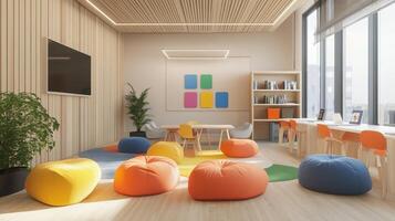 Modern, bright children's learning space with colorful seating. photo