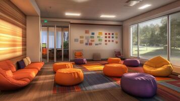 Interior design of a modern, colorful community space. photo