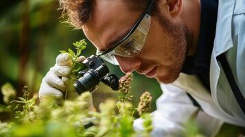 Focused individual examining a plant specimen with a magnifying glass. photo
