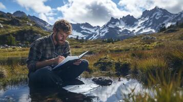 Man sits by a mountain stream and writes in a journal. photo