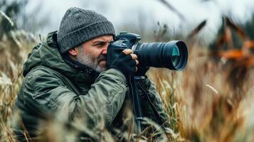 Focused photographer capturing a nature scene. photo