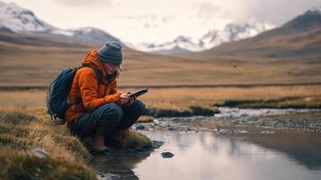 Outdoor explorer by a serene mountain stream. photo